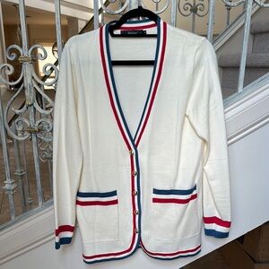Women's Cream Cardigan with Red and Blue Accents
